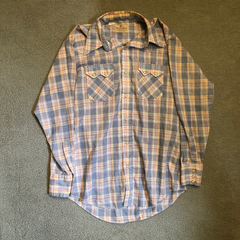 Vtg 70's Dee Cee Brand Western Pearl Snap Shirt Plaid Blue Yellow Red Mens Med